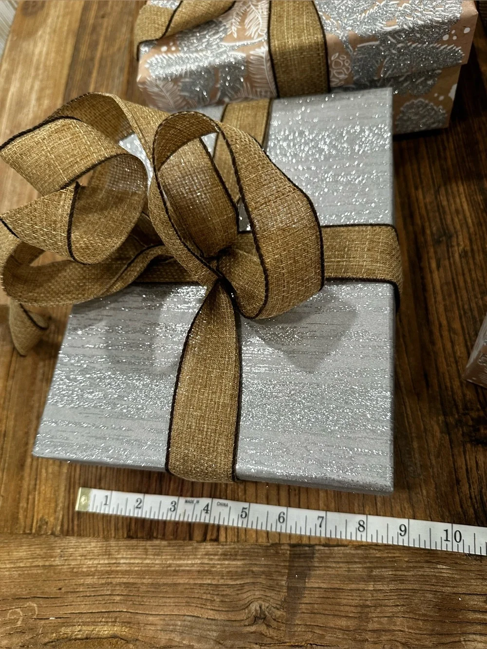 Rustic Brown & Silver Gift Boxes with Brown Ribbon - Home Party Supplies